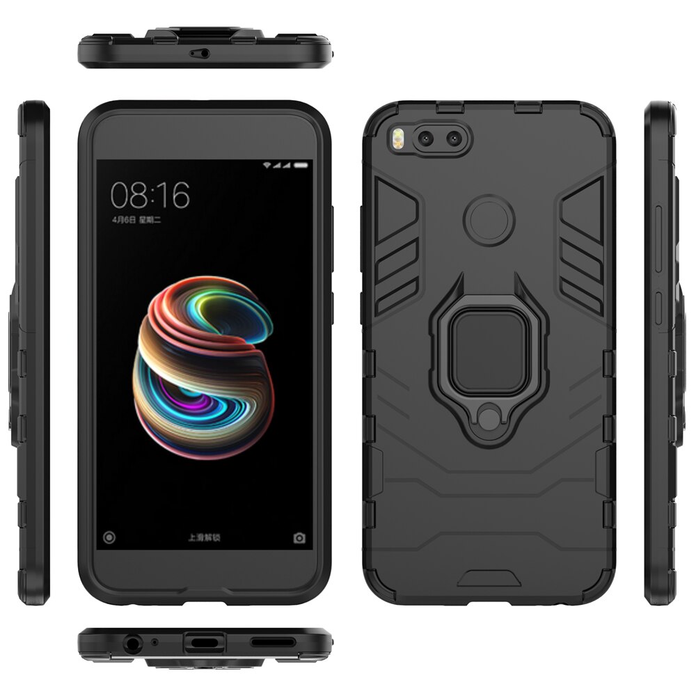 Capa traseira para xiaomi mi 5x a1, capa anti-choque com suporte de anel, amortecedor de silicone + pc: For Xiaomi Mi A1 / Black