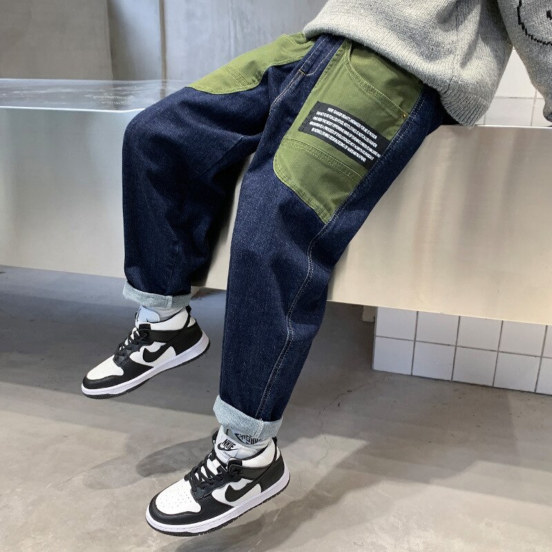 Boy Spring Loose Pocket Jeans Children Contrast Cargo Jean Pants Kids Straight Denim Pant Baggy Trouser Teen Clothes