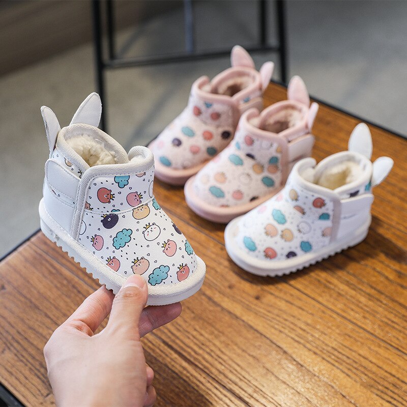 Zapatos de de invierno para niña, botas Martin de algodón, botas cálidas con Orejas de conejo y corona de oso, zapatos rosas peludos para niña de 1 a 3 años