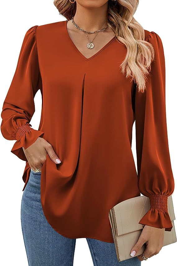 Solid Color Women's Shirt Autumn Item Solid Color Chiffon Shirt V-neck Pullover Trumpet Long Sleeved Top Blouse