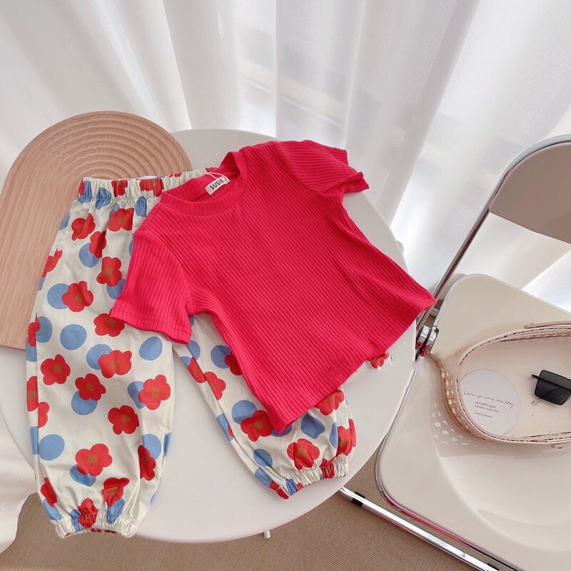 Ropa de bebé coreana para niñas de 2 a 7, de Color sólido Blusa de algodón de manga corta con cuello redondo, Top: Rojo / 7 años