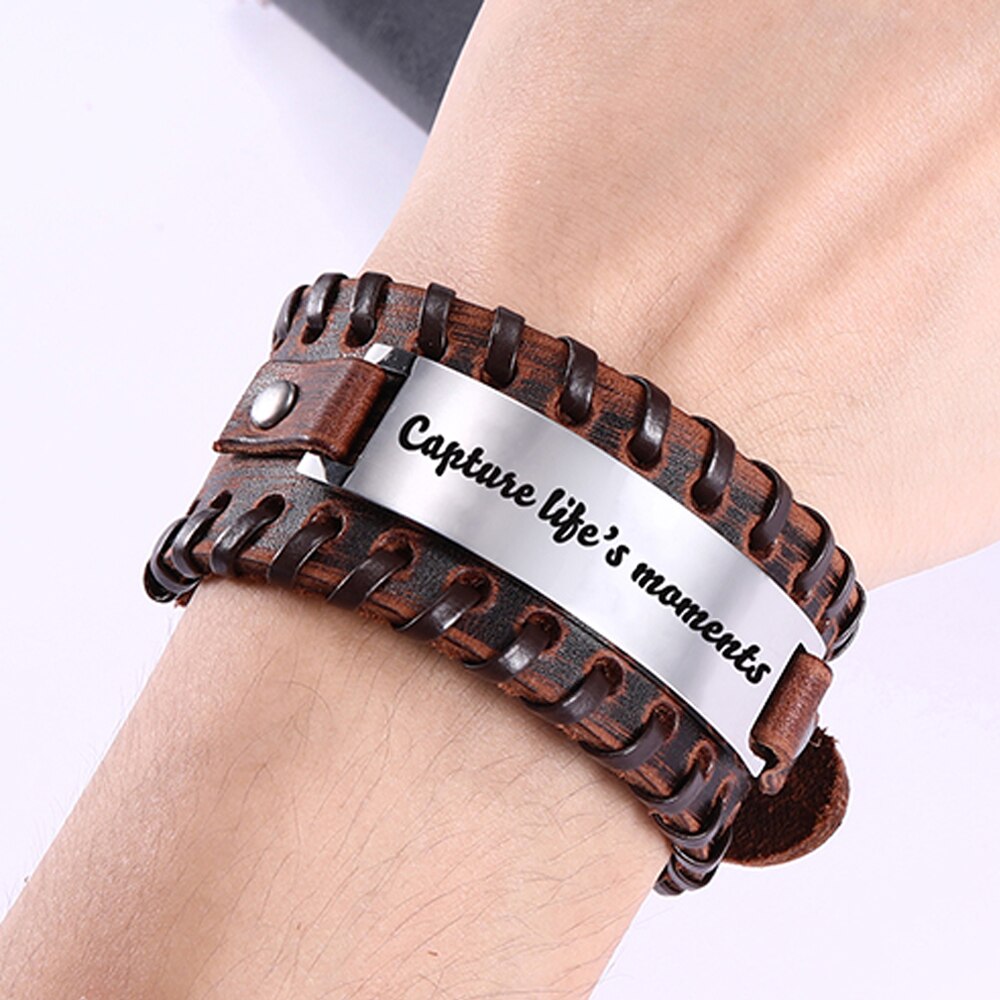 Skyrim-pulsera de cuero con palabras para hombre, brazalete de acero inoxidable, accesorios de joyería, de vida, estilo Punk