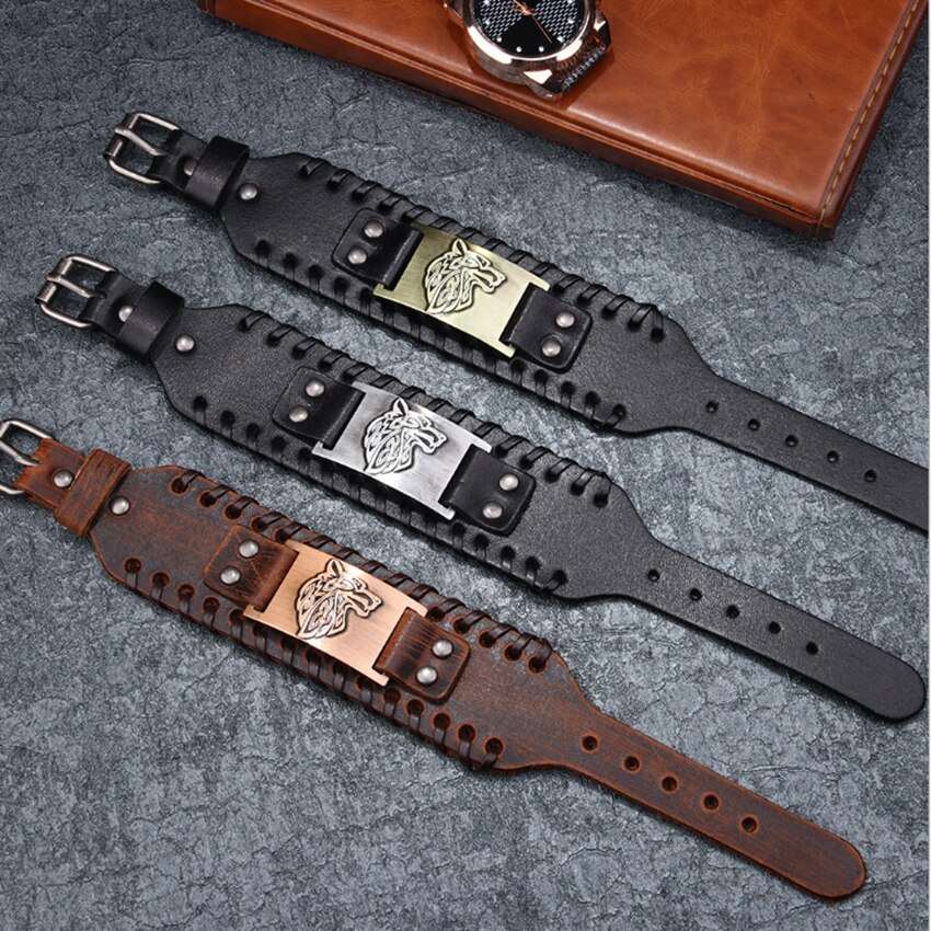 FYJS Unique 3 couleurs alliage loup Bracelet en cuir fait main pour les hommes Cool fête bijoux