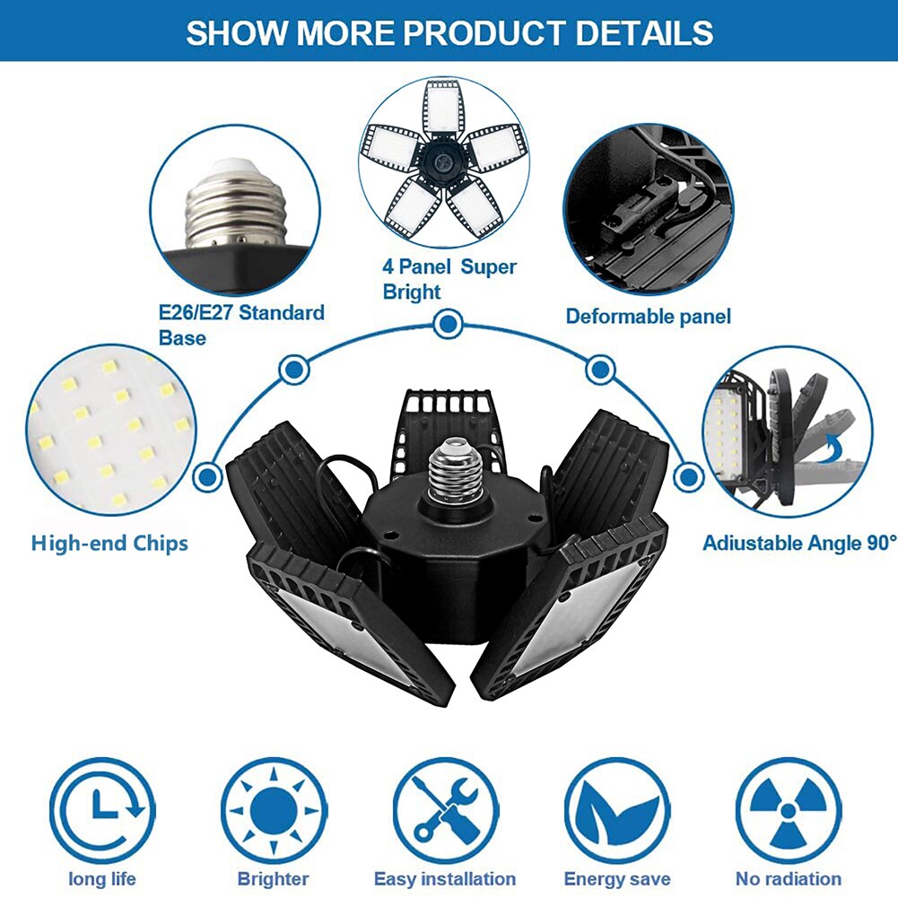 Led Lamp E27 Led Bulb 30/80/200W Lampada Led Light Bulb 220V Foldable Fan Blade Lights lighting for Living Room garage light