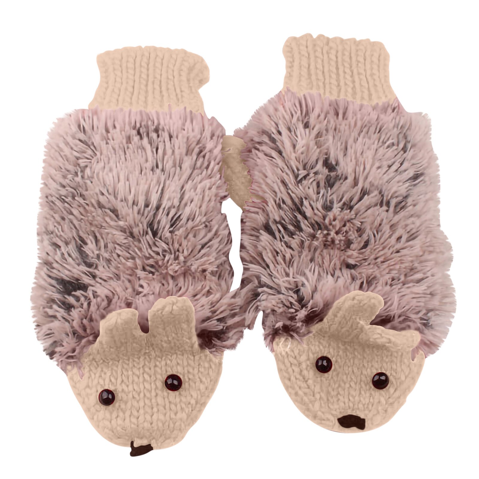 3d Cartoon Animal Girls Novelty Cartoon Winter Gloves For Women Knit Warm Fitness Gloves Hedgehog Heated Villus Wrist Mittens: Beige