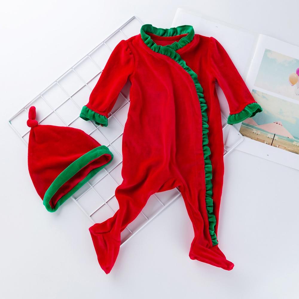 Baby Boy Girl Romper Velet Warm Winter Clothes Christmas Toddler Baby Long Sleeve Solid Long Sleeve Jumpsuit +Hat Outfits Set