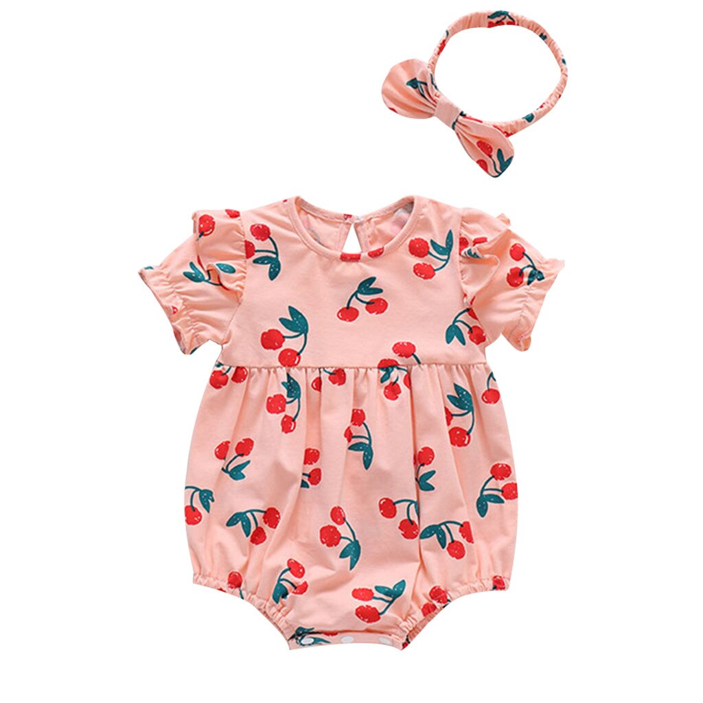 Body de manga corta con estampado de cereza para bebé, Pelele de princesa fruncido, mono con Estampado de cereza, diadema estampada, mamelucos para niño: Rosa / 24 meses