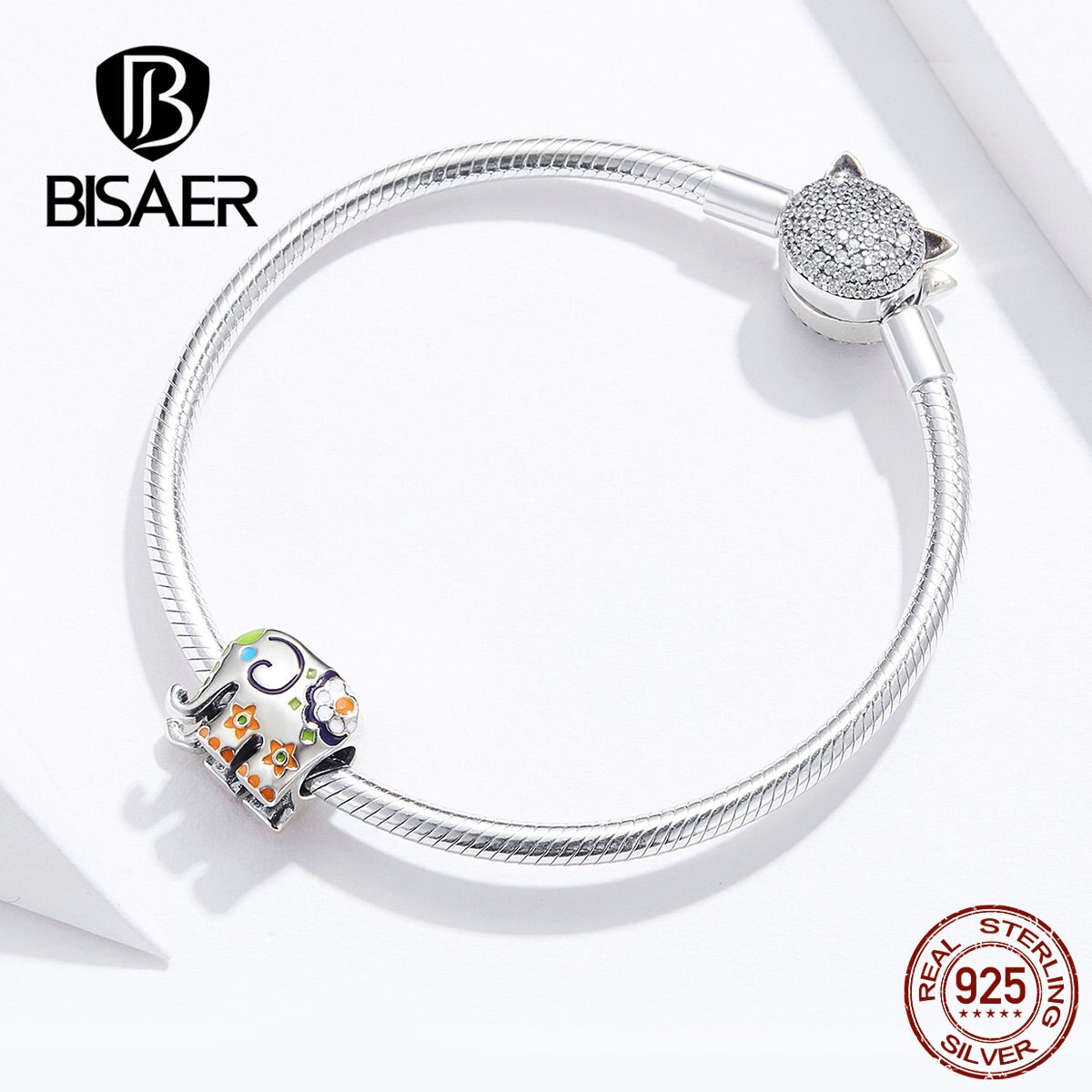 Bisaer elefante encantos 925 prata esterlina tailândia feliz elefante contas apto para charme pulseiras prata 925 jóias efc095