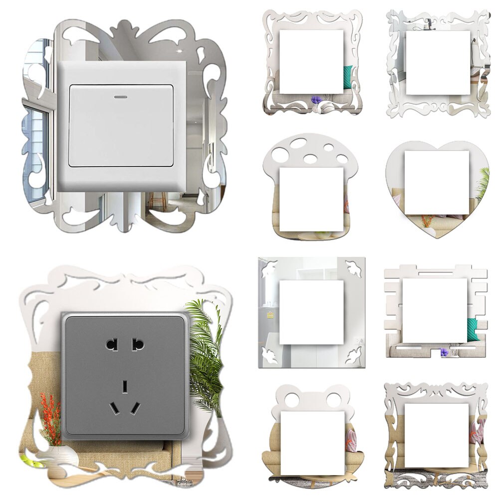 Mode Schakelaar Stickers Plug Base Framing Home Decor Woonkamer Ornament Zilveren Bloem Decal Fotolijst Spiegel Muur Artrt