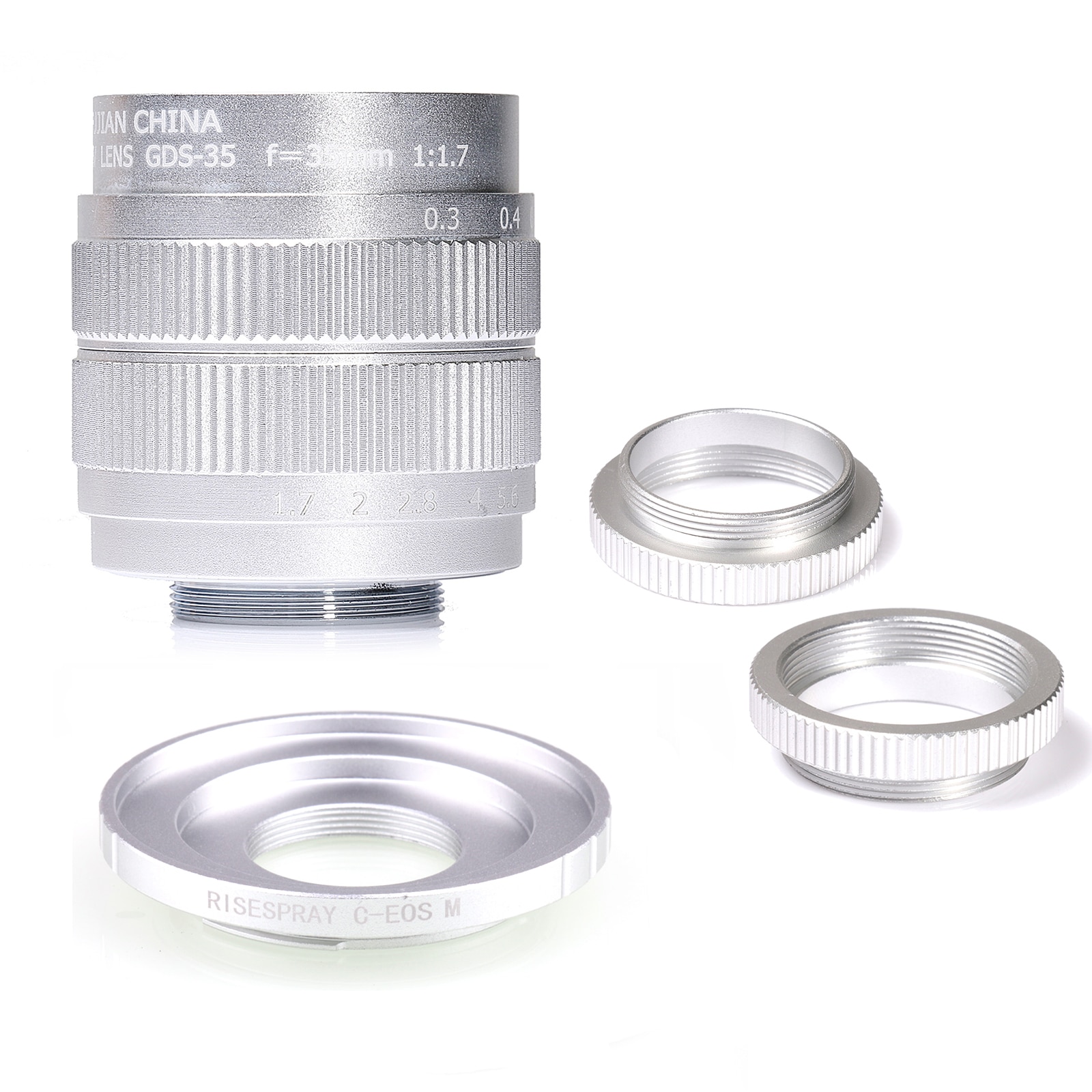Objectif cctv fujian 35mm f/ /1.7 aps-c argenté + bague d'adaptation +2 bagues macro pour appareil photo sans miroir canon eos m  m1/m3/m5