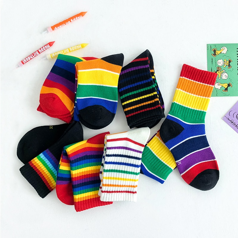 Kids Knee High Rainbow Socks Spring Summer Toddler Child Girls Boys Cotton White School Socks Stripe Long Sock Baby Accessories