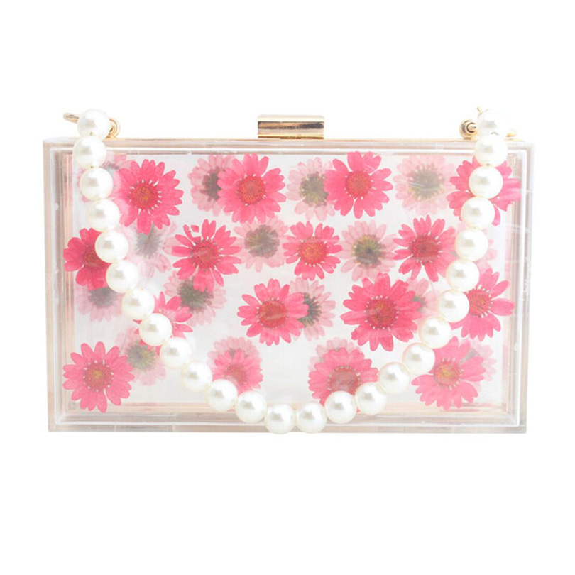 Women Acrylic Sunflower Printed Clear Purse Transparent Crossbody Bag Through Handbags Evening Clutch Events Approved: Rose Bead Strap