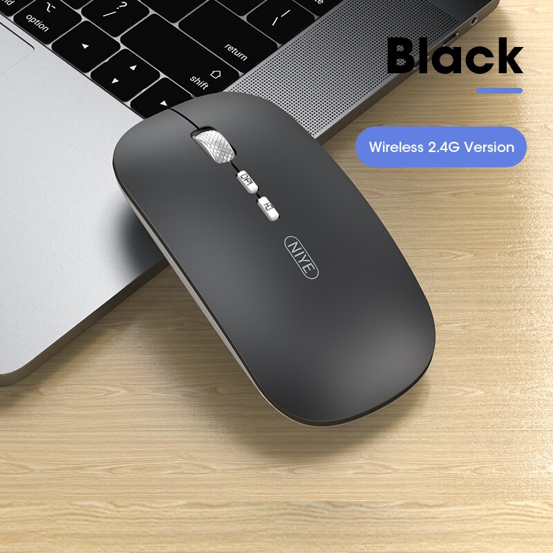 Niye Rechargeable Wireless Mouse - Bluetooth & 2.4GHz USB - Silent Click - Adjustable DPI - for iPad, Laptop, PC: USB Wireless Black