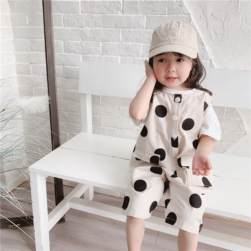 WLG Boys Girls Loose Overalls Spring Summer Dot Printed Beige Sleeveless Clothes Baby Casual All Match Outfit for 1-5 Years