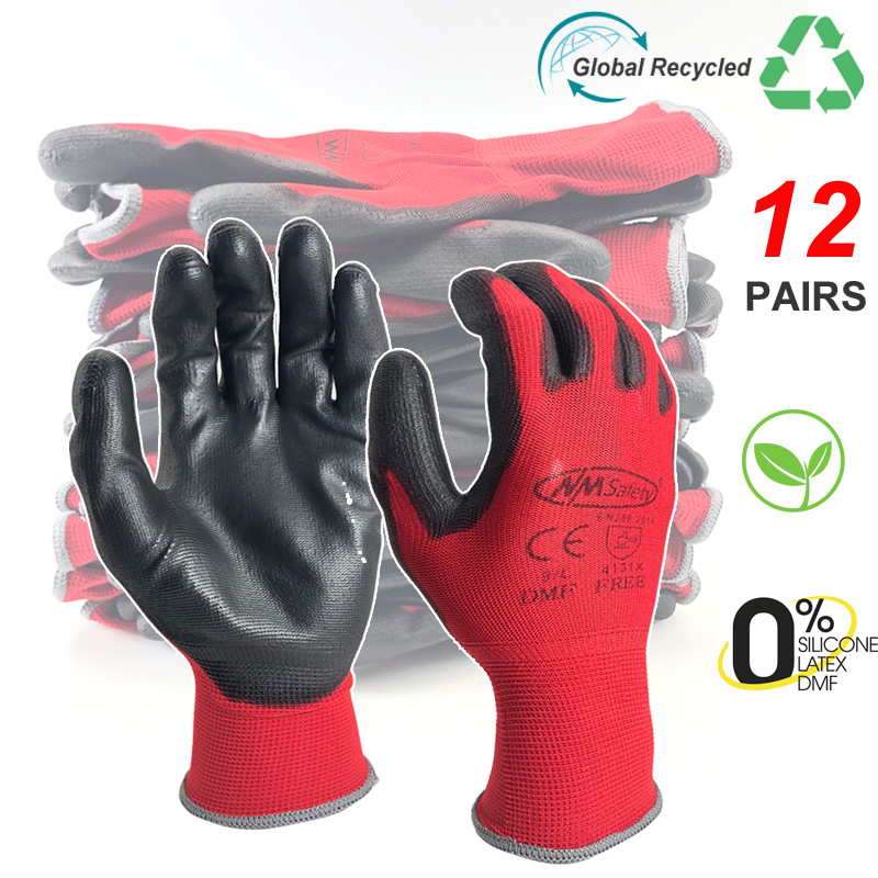 24 piezas/12 pares de guantes de trabajo para revestimiento de palma de PU guante protector de seguridad proveedores de seguridad profesionales de nitrilo: Rojo / S