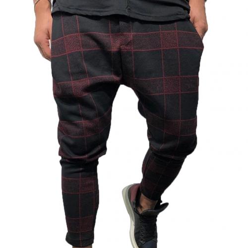 Mannen Plaid Pocket Laag Kruis Harembroek Broek Losse Fit Hiphop Street Wear Casual Mannen Broek Mannen Broek: XL / Wine Red