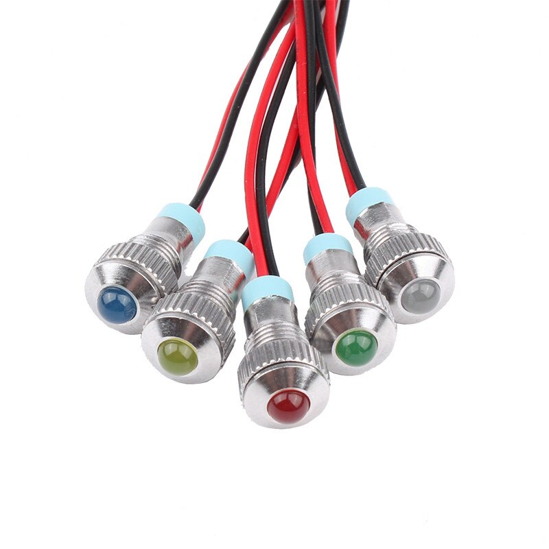 1Pcs 8Mm 6V 12V 24V 220V Bolle Hoofd Led Metalen Lampje 8Mm waterdichte Signaal Lamp Met Draad Rood Geel Blauw Groen Wit