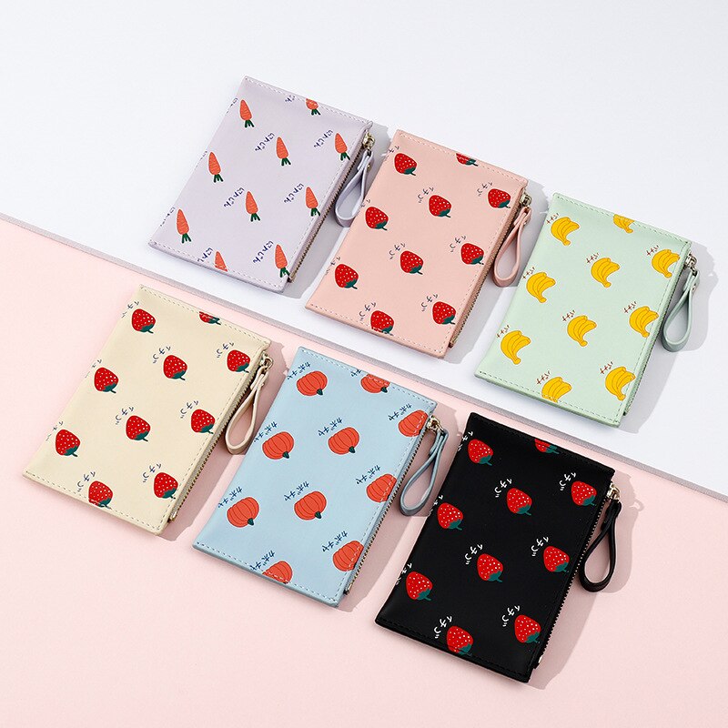 PURDORED 1 Pc Cute Women Card Holder Small Fruit Patterns Credit Card Case PU Female Minimalist Zipper Mini Coin Purse Wallet