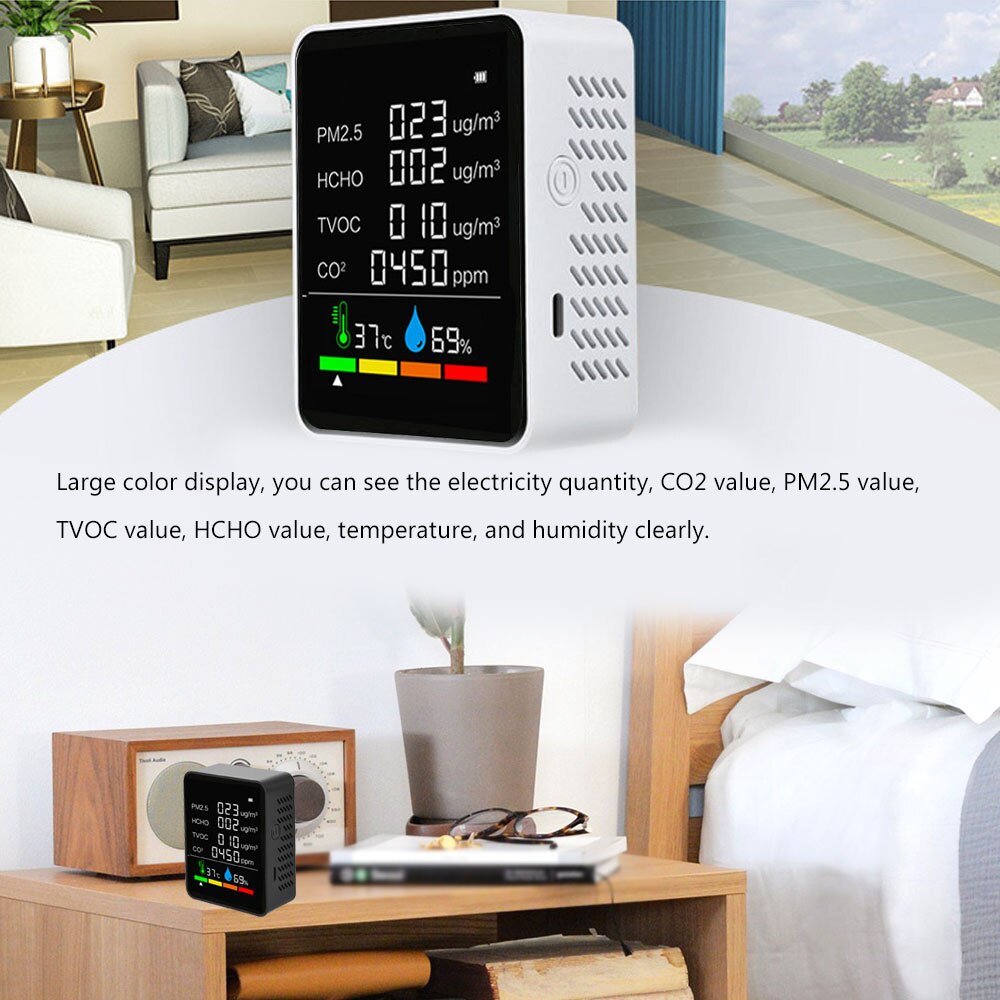 Air Monitor CO2 Meter Tester with Carbon Dioxide PM2.5 TVOC HCHO Value Electricity Quantity Temperature Humidity Display