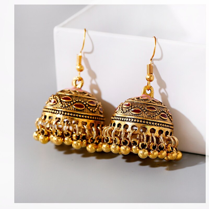 Women&#39;s Vintage Ethnic Green Gypsy Gold Indian Earrings Boho Jewelry Retro Bell Tassel Carved Ladies Jhumka Earrings: Style 4