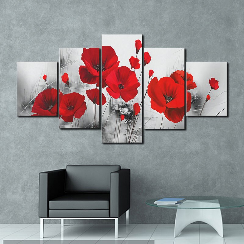 Painted Red Rose Oil Painting Reproductions 5 Piece Ink Painting Canvas Art Picture Modern Wall Decoration