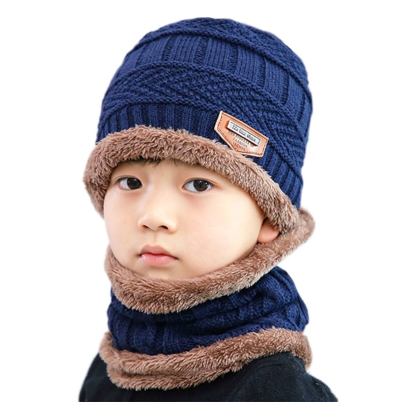 Gorro de invierno para niños, 2 uds., conjunto de bufanda circular, etiqueta de cuero sintético, Crochet, tejido de felpa, forrado, gorro de Calavera, calentador de cuello: Azul marino
