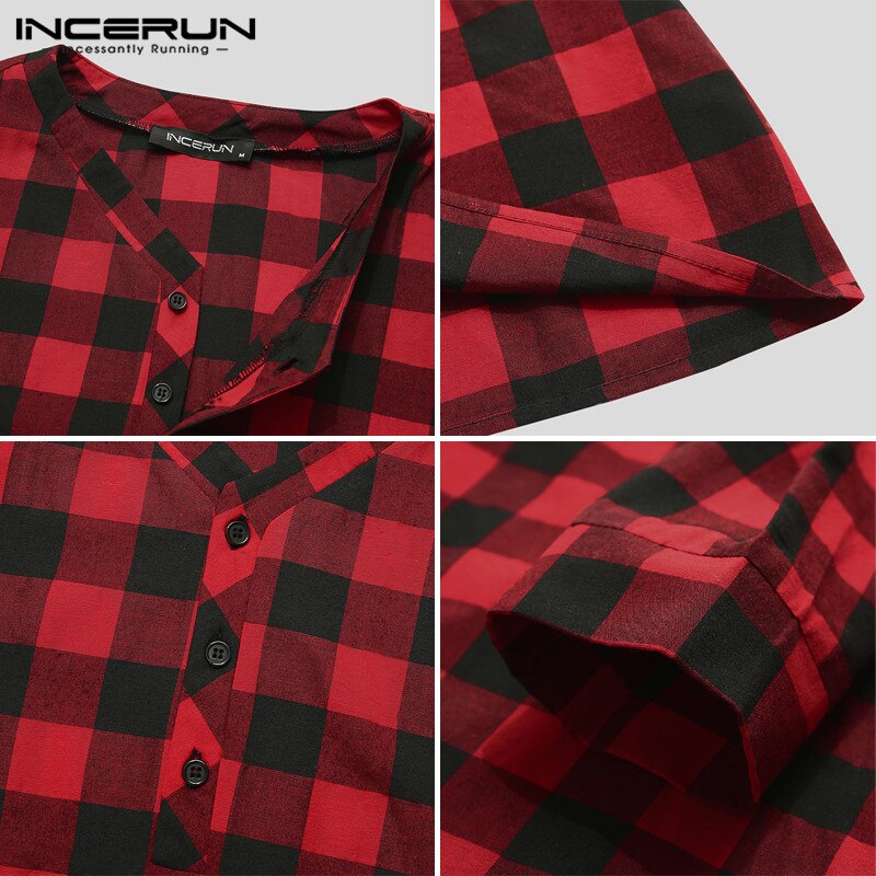 Plaid Men's Sleep Robes Homewear Soft Loose Long Sleeve V Neck Button Long Pajamas Leisure Men Nightgowns S-5XL INCERUN