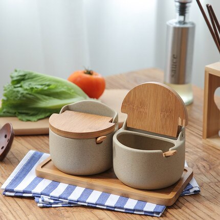 Estilo japonés flip cerámica sazoning jar cocina sal y MSG sazonador caja jar combinación set hogar