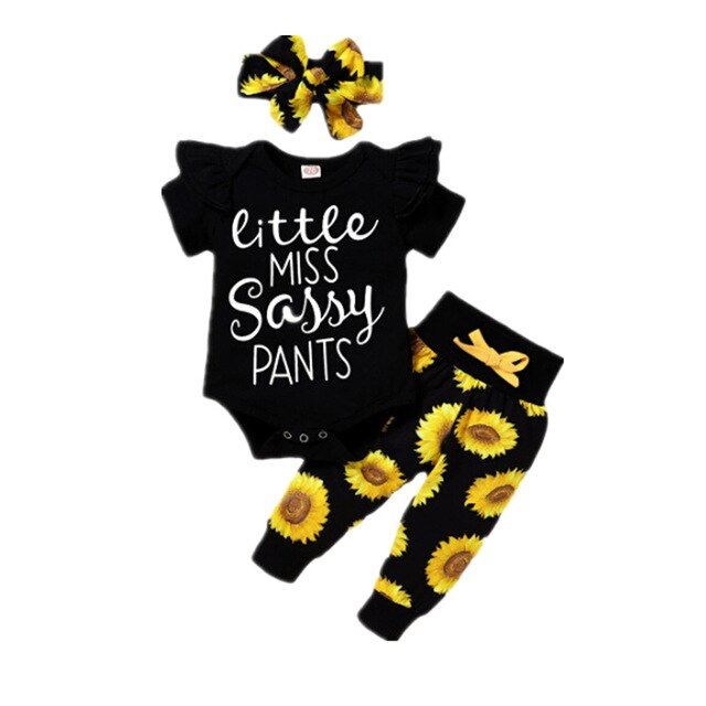 Baby zomer 3 -delige set babymeisjes jongens letter bloemen ruches korte mouwen romper top + broek + hoofdband