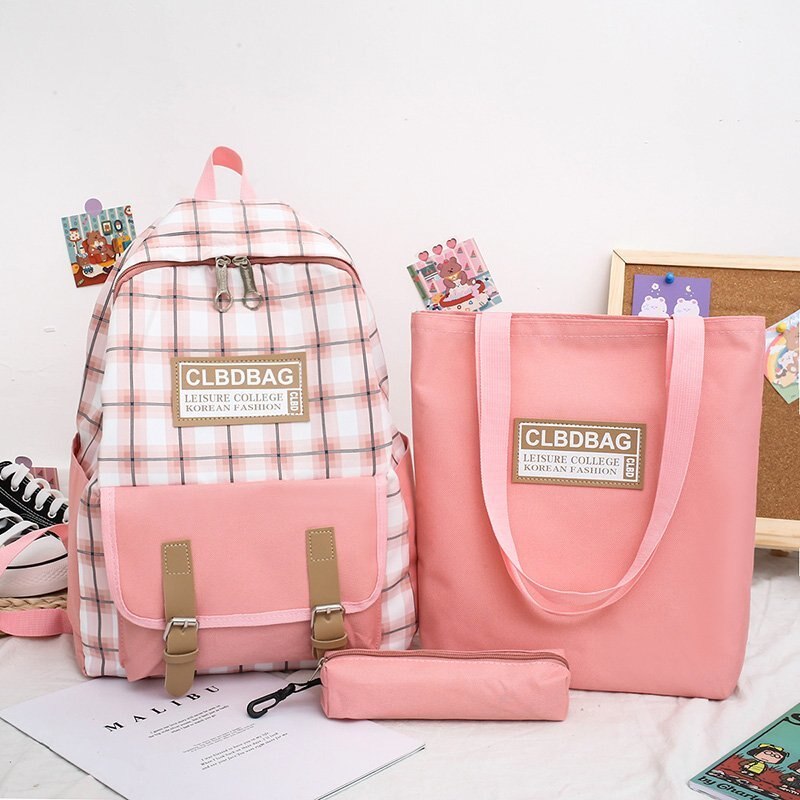 Puimentiua 4 Stks/set Rugzak Vrouwen Rugzak Canvas Schoudertassen Plaid Stijl Meisje Schooltas Vrouwelijke Student Rugzak Sets: pink A