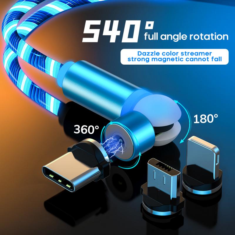 540 graden gloeiende magnetische oplaadkabel voor mobiele telefoons met led-lampje, micro-usb-type c voor apple android-oplader, oplaadsnoer
