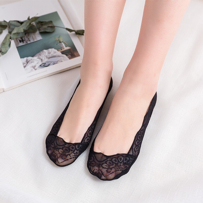 Summer women girl Silica Gel Lace Boat Socks Invisible Cotton Sole Non-slip Antiskid Slippers Anti-Slip Sock 1pair=2pcs ws7414: ws7411hei
