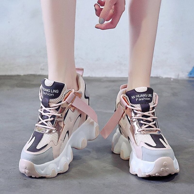 Women Platform Chunky Sneakers Mesh Designers Lace Up Shoes Woman Autumn 8cm High Vulcanized Shoes Ladies 34-39