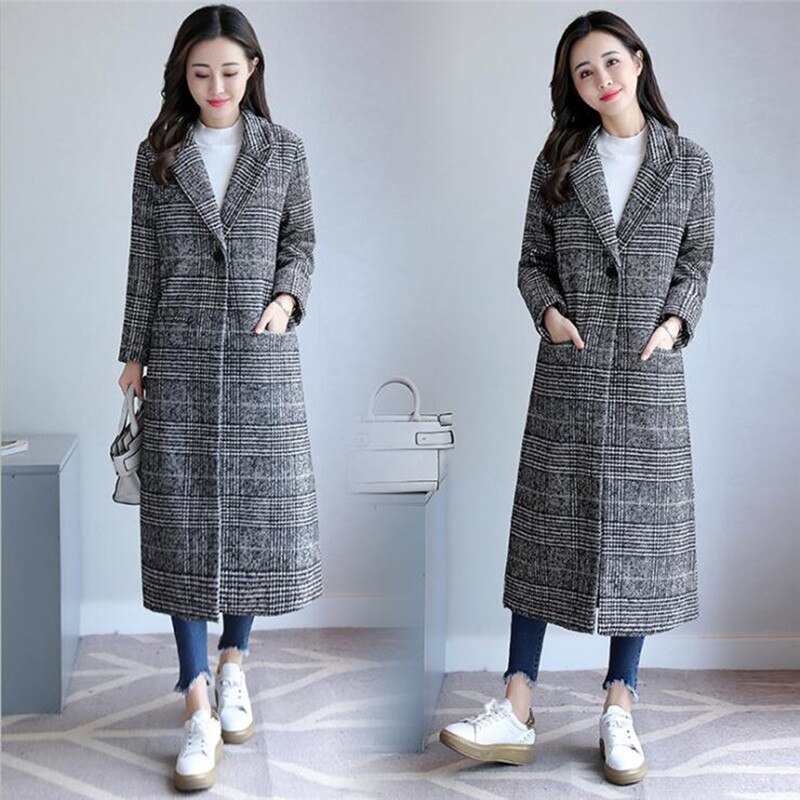 2021 primavera outono das mulheres de lã xadrez casaco clássicos feminino solto longo único breasted casacos fino feminino inverno poliéster jaquetas