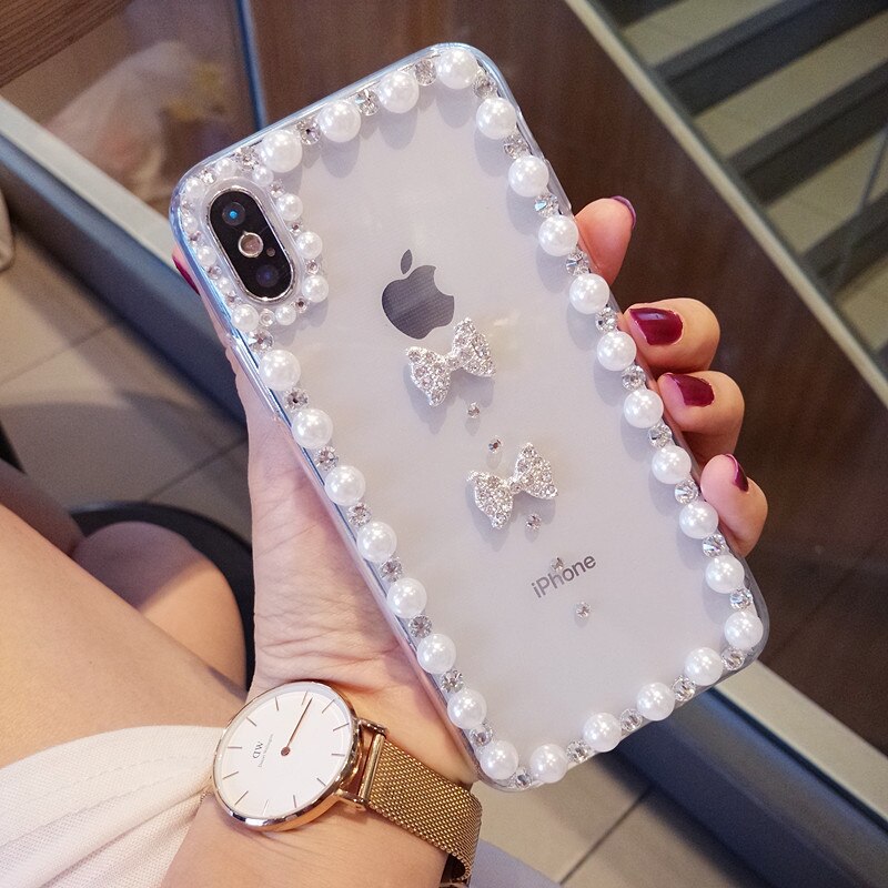 For ZTE Blade A3 A5 A7 V9 V10 Vita L8 Axon 7 Nubia Z17 Z11 Max N1 Diamond Bow Cover Pearl Rhinestone case