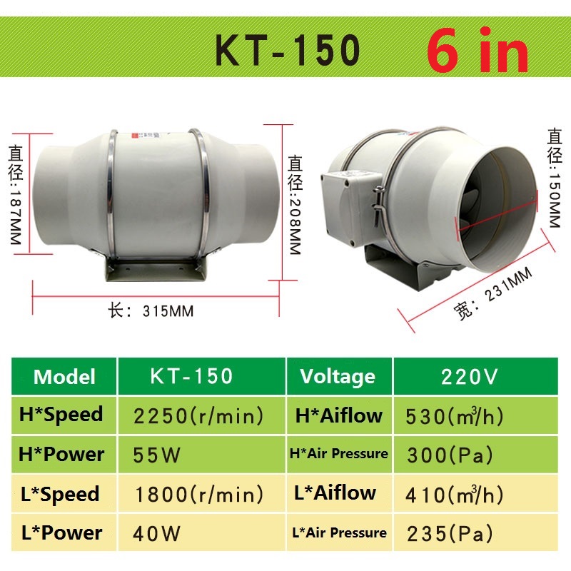 6in Extractor fan duct inline extraction exhaust ventilation fan air blower window ventilator vent for kitchen bathrooms bedroom