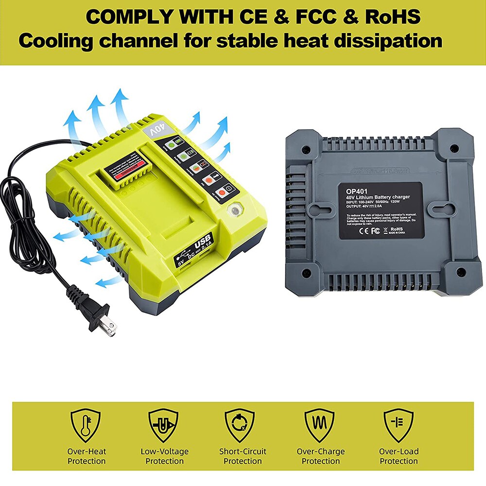 OP401 Lithium-Ion Battery Charger for Ryobi 40V Li-ion Battery OP4050A OP4015 OP4026 OP4030 OP4040 OP4050 OP400A OP403A ZROP401