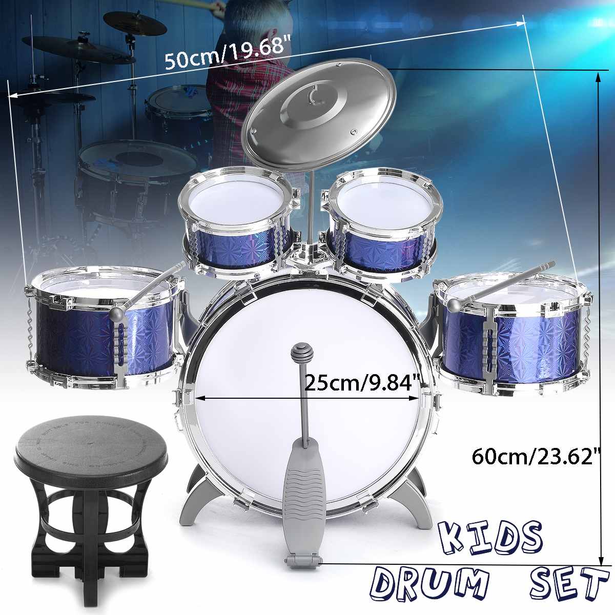 Children Kids Drum Set Kit Musical Educational Toy 5 Drums with Stool Drum Sticks Cymbal Percussion Instruments for Kids