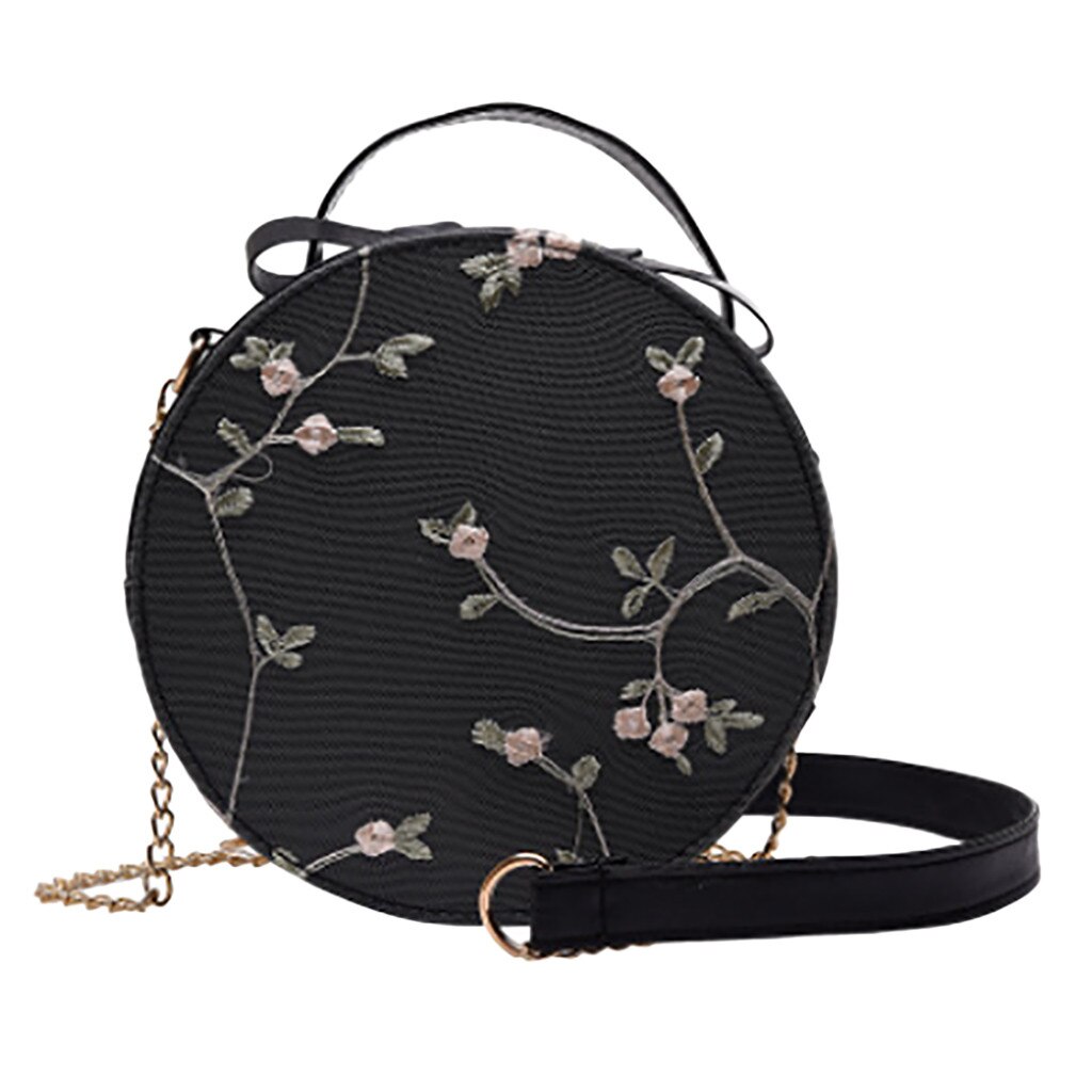 Sweet Lace Ronde Handtassen Pu Leer Vrouwen Crossbody Tassen Vrouwelijke Kleine Verse Bloem Keten Schoudertas: Black