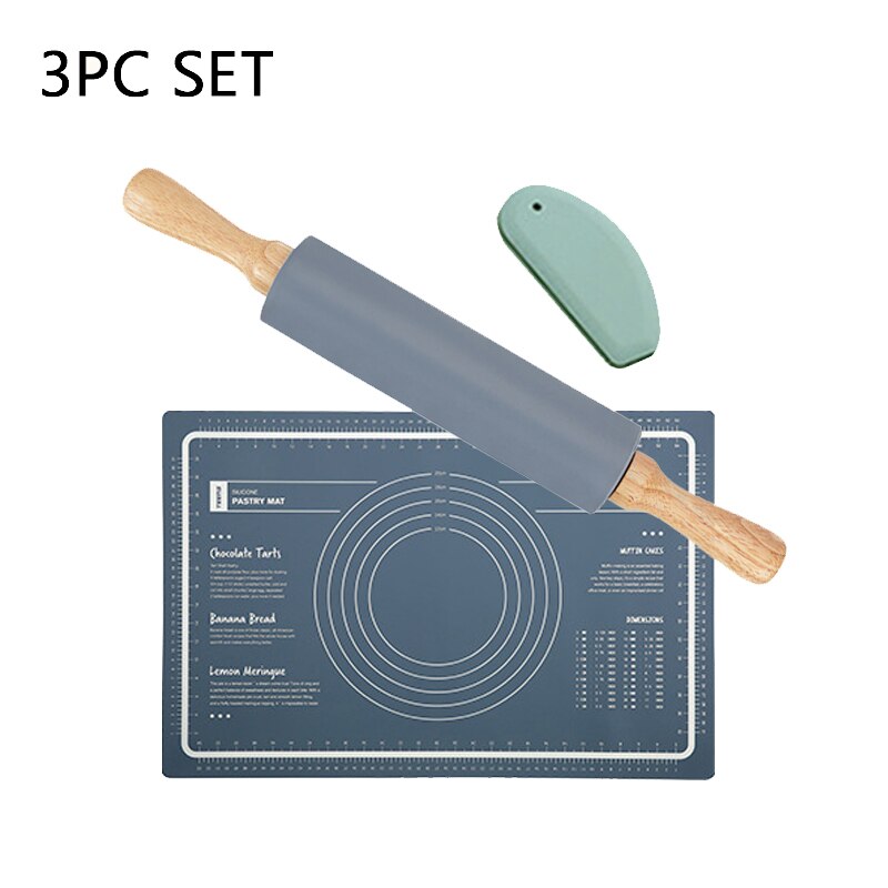 Silicone Kneading Pad Set 3 Pieces Pastry Mat with Measurement Rolling Pin Cutter Counter Broad Cake Baking Dough Cookies Mat: Blue Set