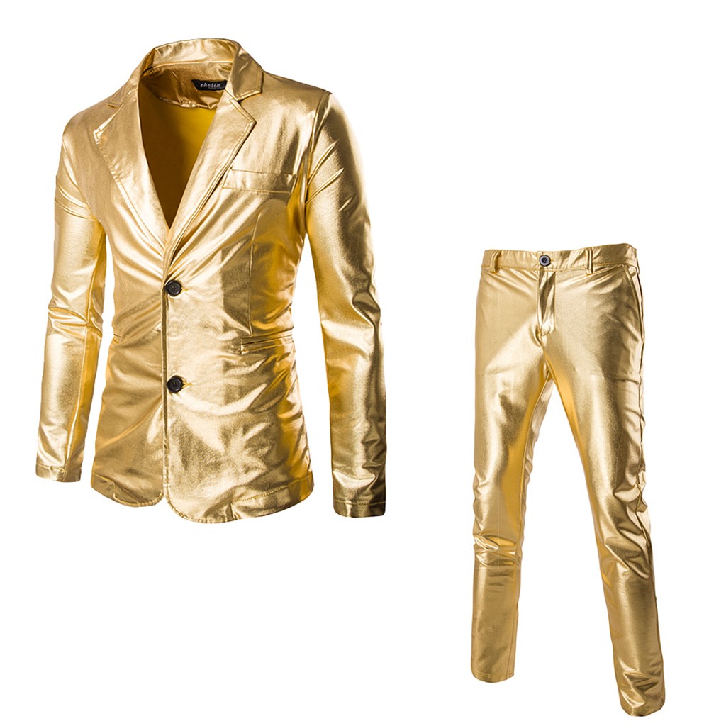 Fest show kostume herre dragter med bukser 2- dele sæt solid traje hombre guld bronzing skinnende slim fit herre suit  d91004: Xl