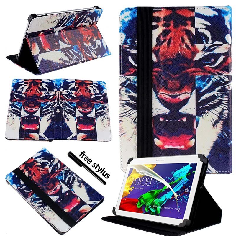KK&LL For Lenovo Tab 2 A10-70 10.1 Inch - Leather Tablet Stand Folio Cover Case + Free stylus: Tiger