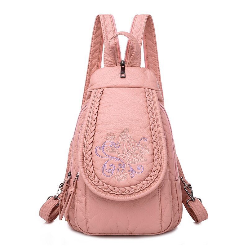 Vrouwen Rugzak Mode Schooltassen Voor Tienermeisjes Wit Lederen Rugzak Borduurwerk Bloemen Rugzak Schoudertassen: Pink-1