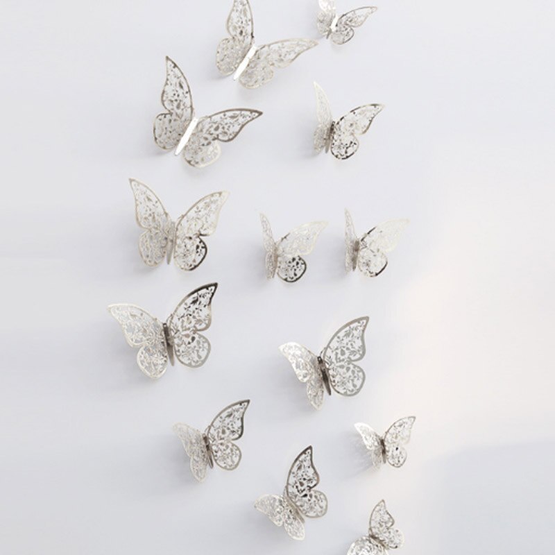 12 unids/lote de calcomanías de mariposa 3D doradas y plateadas para pared, calcomanías artísticas para el hogar, pegatinas para pared, decoraciones para exhibición de mariposas para fiestas y: C-silver