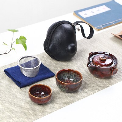 Service à thé de voyage | Four japonais, changement rapide de tasse, une théière, deux tasses, étui de transport en plein air, théière kungfu en céramique: 13