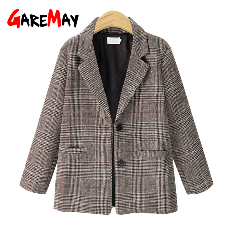 Vår vintage rutig kavaj för kvinnor tweed dam kontor dam kostymer kappa långärmad casual kavaj kavajer kvinnlig feminino