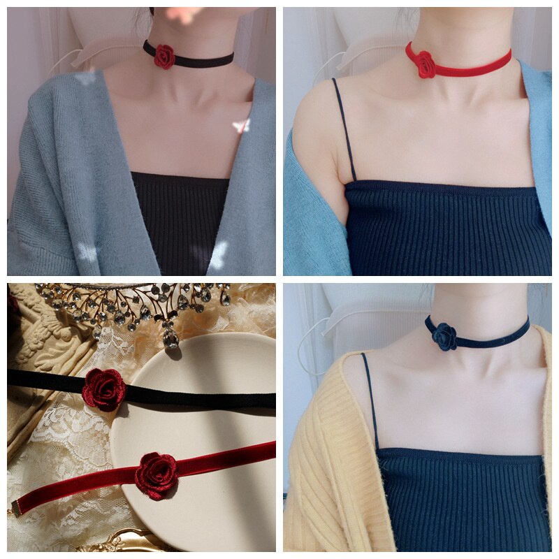 Leuke Lolita Meisje Zoete Rode Bloem Fluwelen Student Zusters Party Choker Vrouwen Mode Fijne Sleutelbeen Keten Korte Hals Ketting