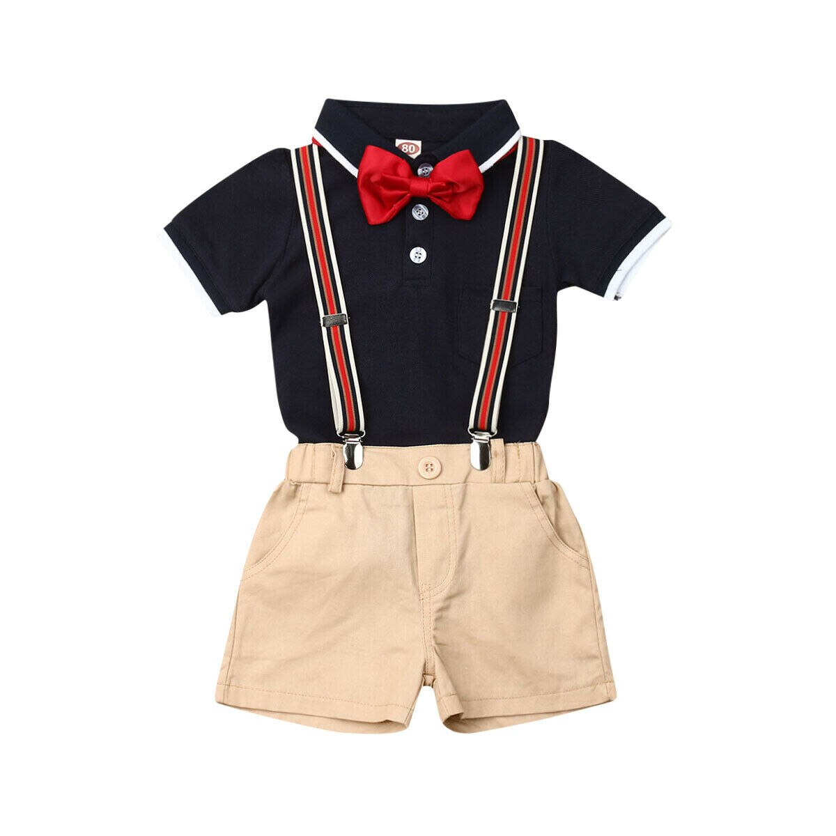 Brand Baby Boy Toddler Kids Gentleman Clothes Bowtie Short Sleeve Shirt+Shorts Bib Pants Outfit Toddler Formal Clothing Boy: Navy Blue / 18M