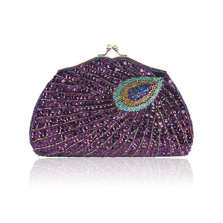 Pauwenveer Patroon Sequin Clutch Evening Party Wedding Pouch Purse Women'S Bag Vintage Ketting Kleine Zakken Met Portemonnee Bolsa: purple