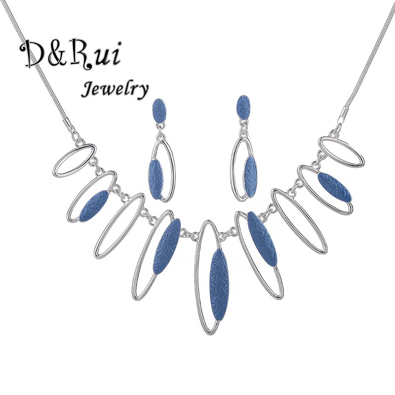 Jewellery Geometric Dangle Earrings Necklaces Set for Girls Woman Charm Blue Chain Pendant Enamel Jewelry Sets